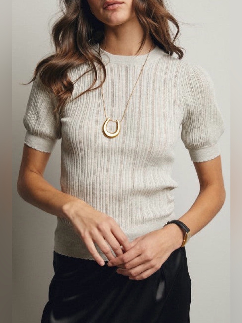 Women's Oatmeal Ribbed Short-Sleeve Sweater